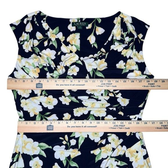 Lauren Ralph Lauren Womens 14 Navy Yellow Floral Cowl-Neck Jersey Dress Ruched - Picture 7 of 10